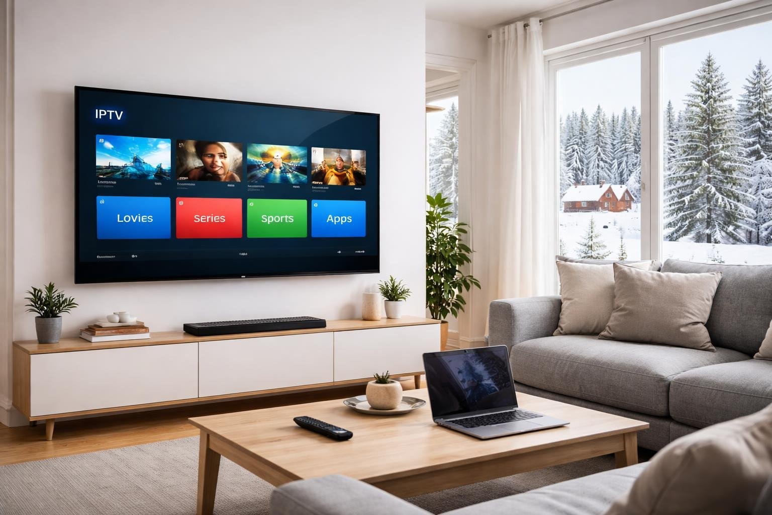 Ett modernt vardagsrum med en stor TV som visar IPTV-gränssnitt, med snöig svensk landsbygd utanför fönstret.