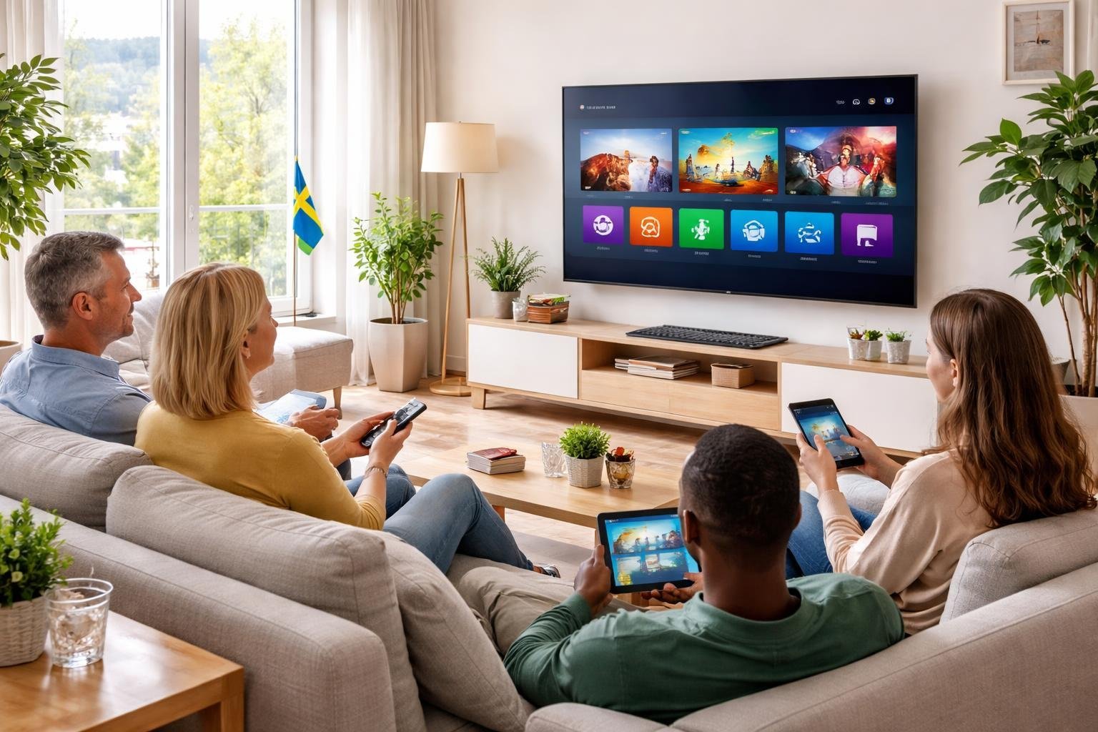 En modern vardagsrumsscen med människor som använder en stor TV för att titta på IPTV-tjänster, med skandinavisk inredning och naturligt ljus.
