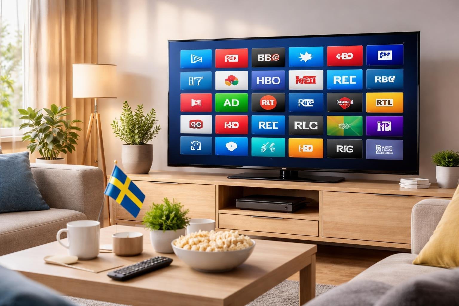 Ett modernt vardagsrum med en stor TV som visar olika internationella TV-kanaler och en svensk flagga i bakgrunden.