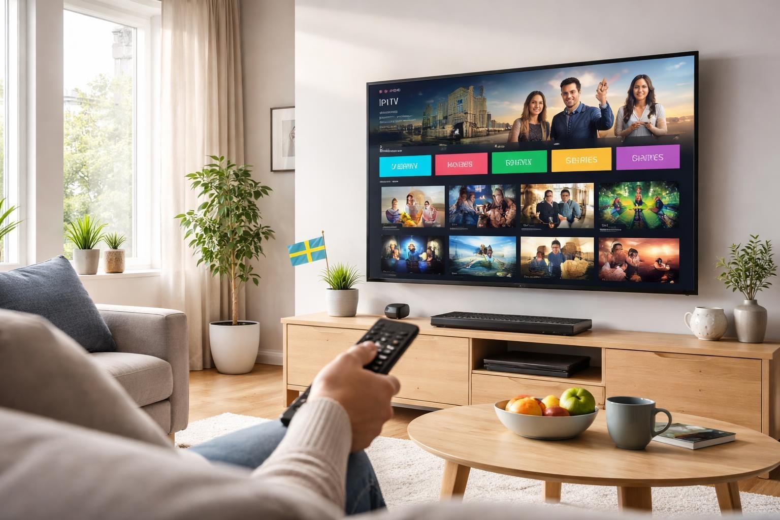 Ett modernt vardagsrum med en platt-TV som visar en färgstark IPTV-meny och en person som använder en fjärrkontroll.