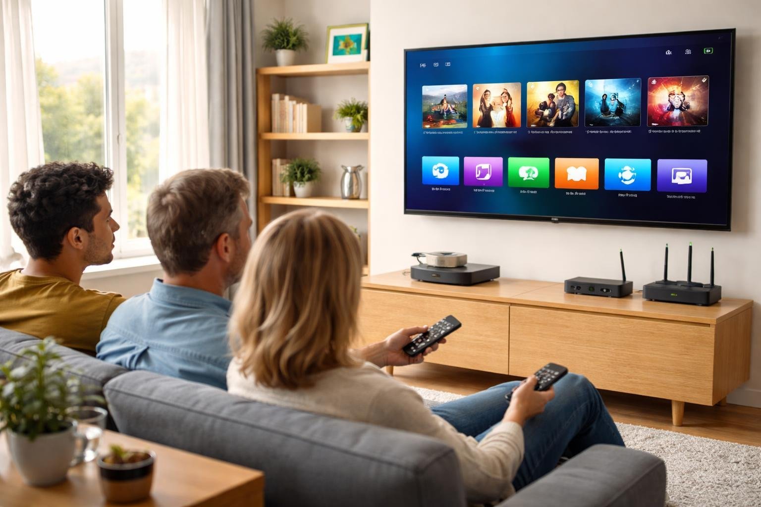 En modern vardagsrumsscen med en stor smart-TV och två personer som tittar på innehåll, med en mediastreamingenhet och internetrouter på ett bord.