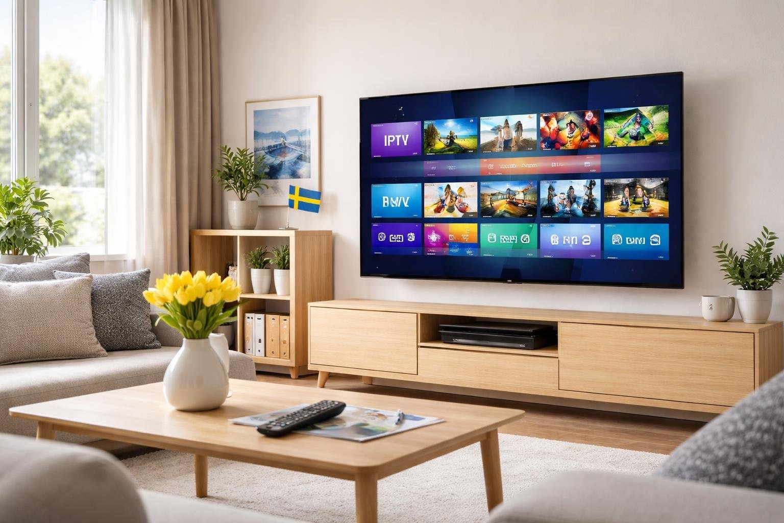 Ett modernt vardagsrum med en stor TV som visar en färgstark streamingtjänst med svenska TV-kanaler, en fjärrkontroll på ett bord och naturligt dagsljus som lyser in genom stora fönster.