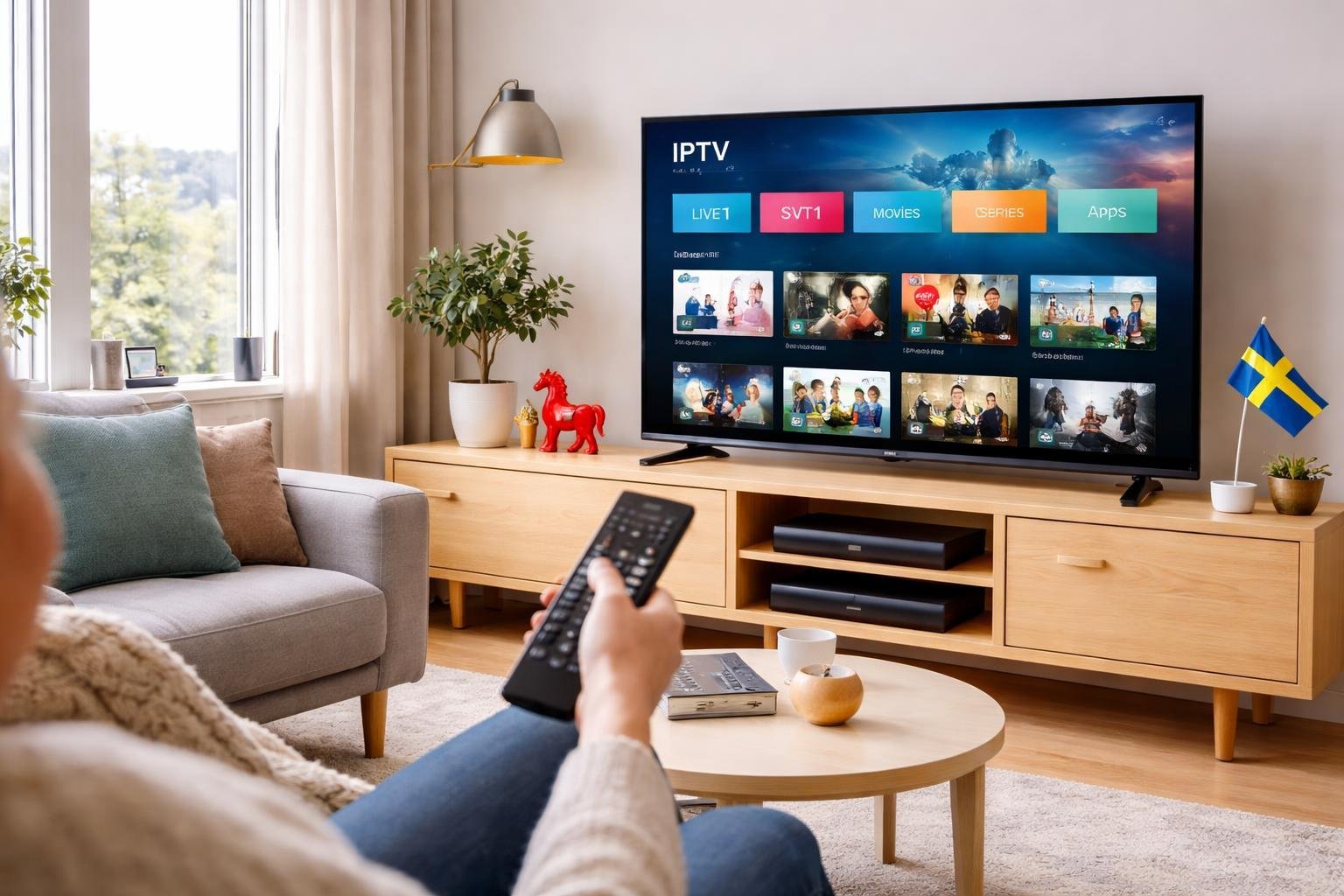 En person sitter i ett vardagsrum och använder en fjärrkontroll framför en stor TV som visar IPTV-innehåll med svenska kanaler.