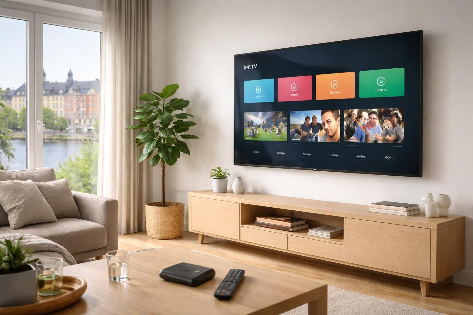 Ett modernt vardagsrum med en platt-TV som visar IPTV-innehåll, ljusa möbler och en svensk stadsutsikt genom ett fönster.