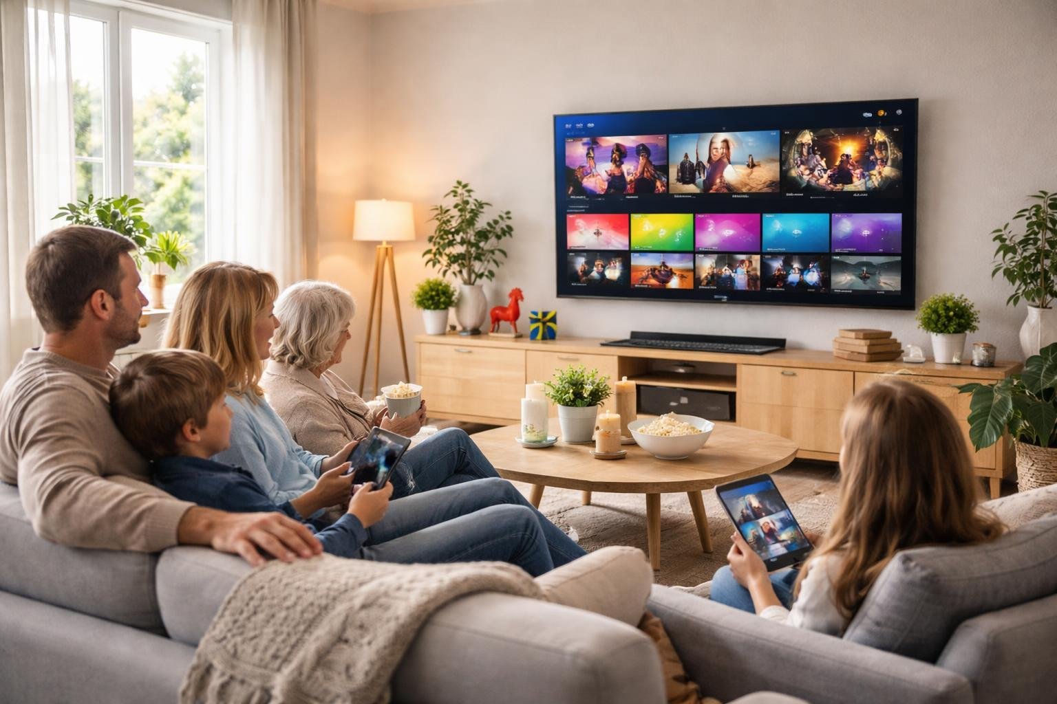 En familj som tittar på en tv med IPTV i ett modernt vardagsrum med skandinavisk inredning.