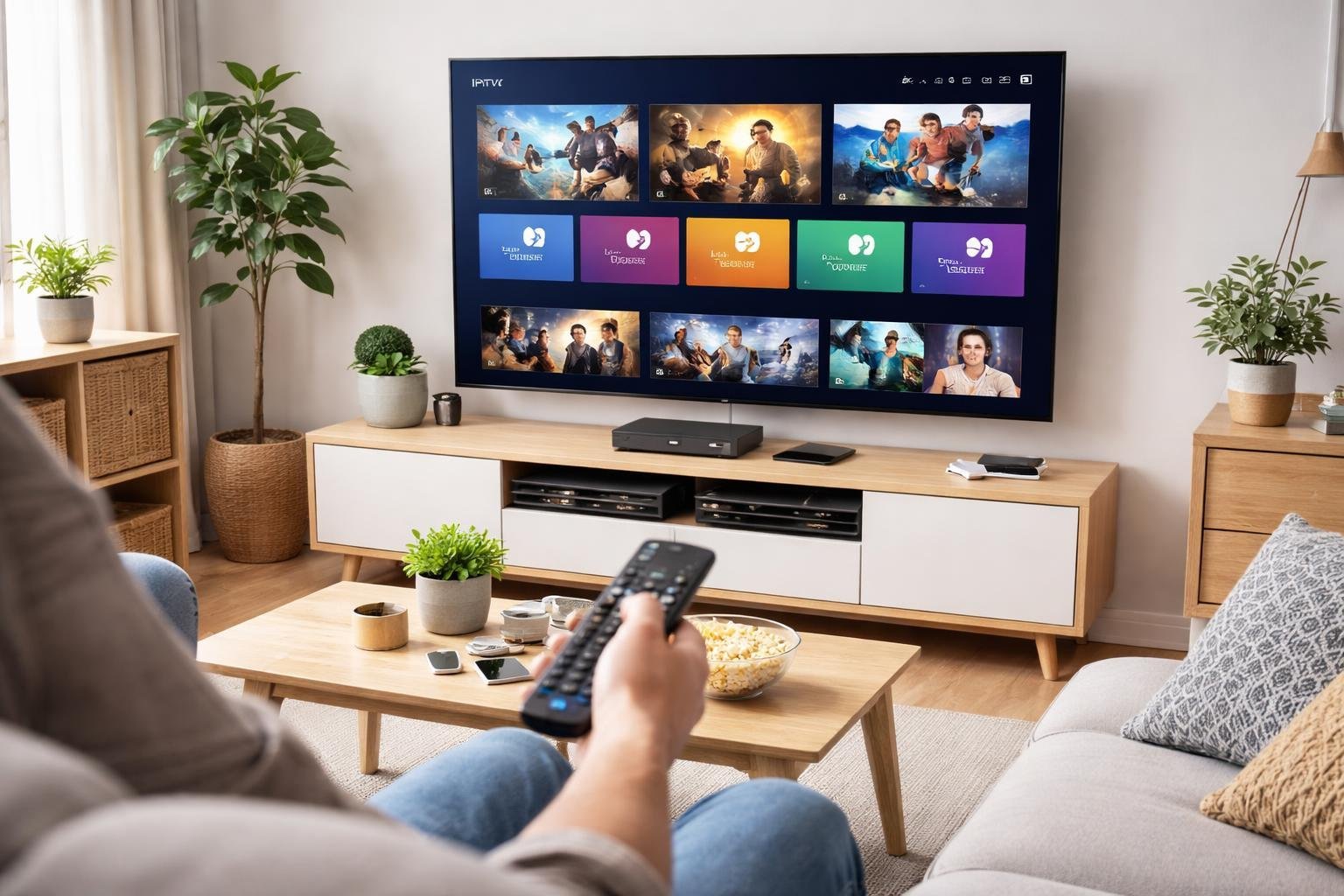 Ett vardagsrum med en platt-tv som visar färgglatt streaminginnehåll, en person som använder en fjärrkontroll och modern inredning.