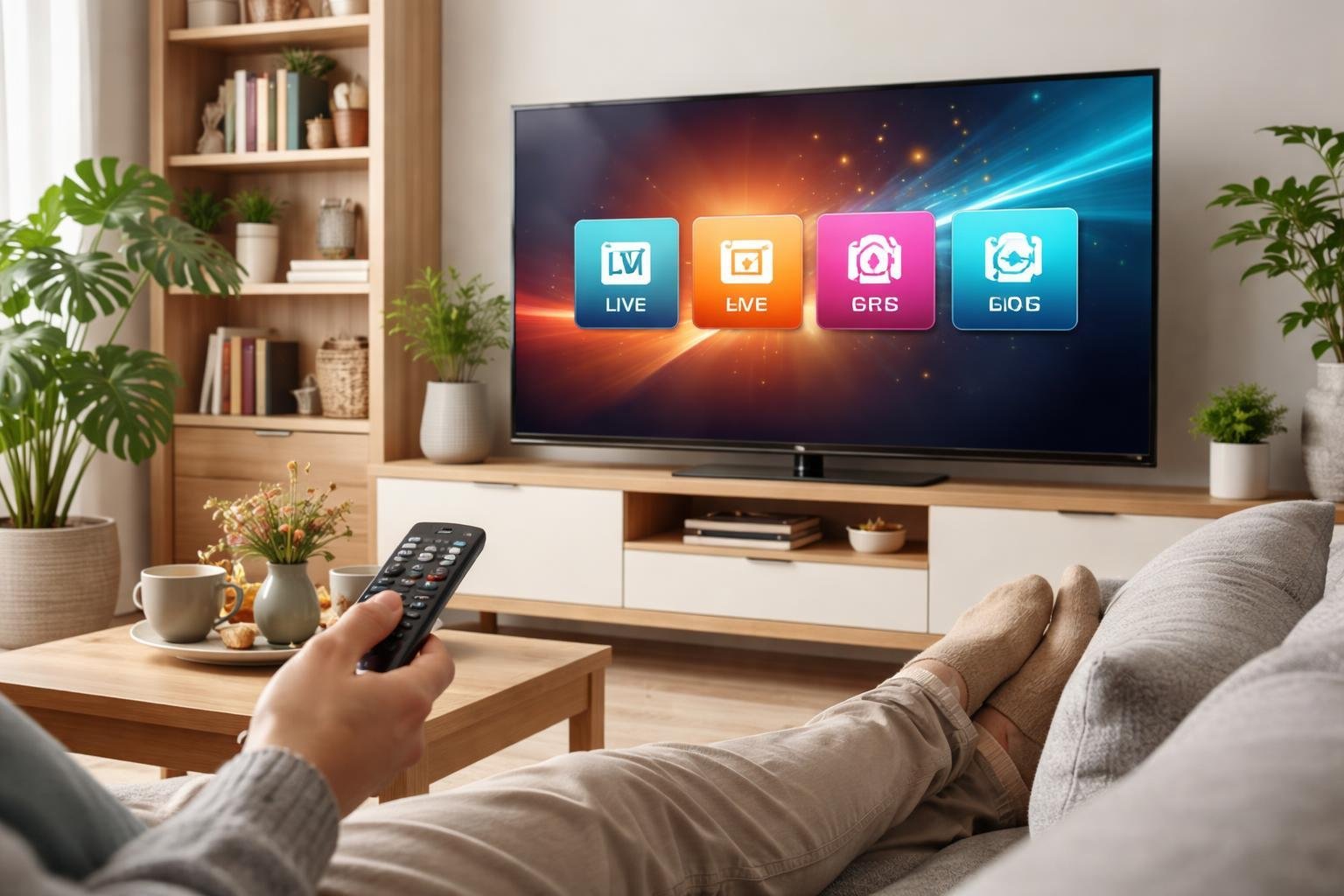 En person i ett modernt vardagsrum i Sverige som använder en fjärrkontroll framför en stor TV med färgglad skärm.