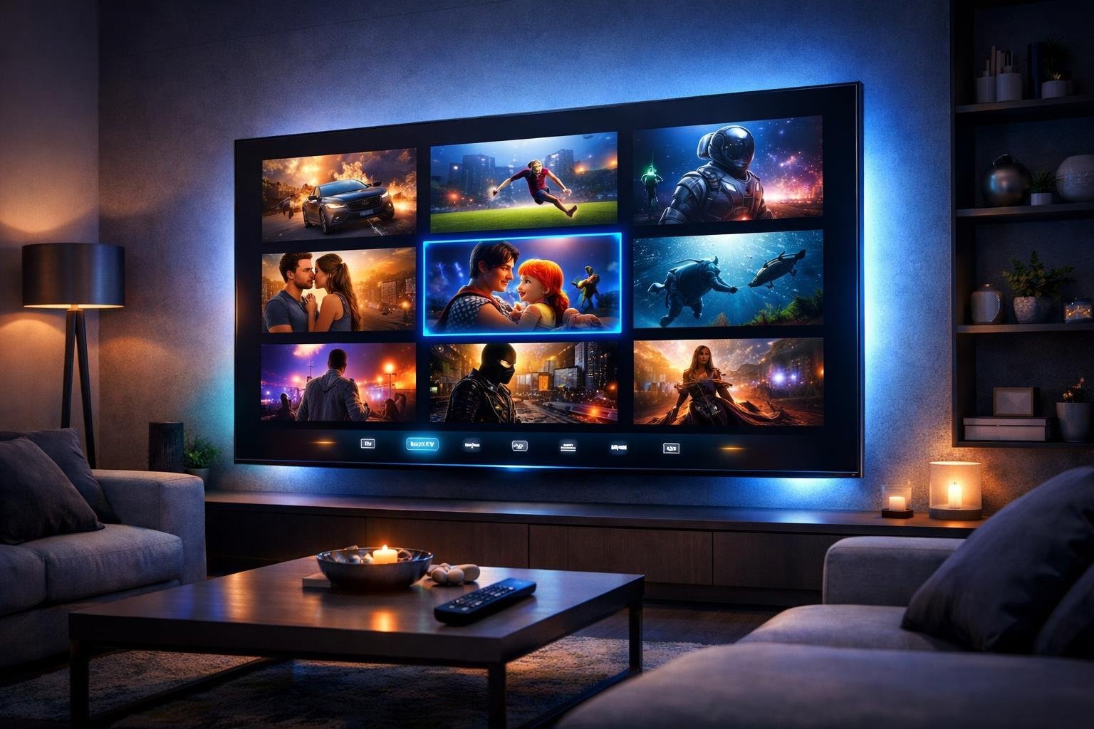 Ett modernt vardagsrum med en stor TV som visar ett färgglatt gränssnitt för IPTV-tjänster, med soffa och mjuk belysning.