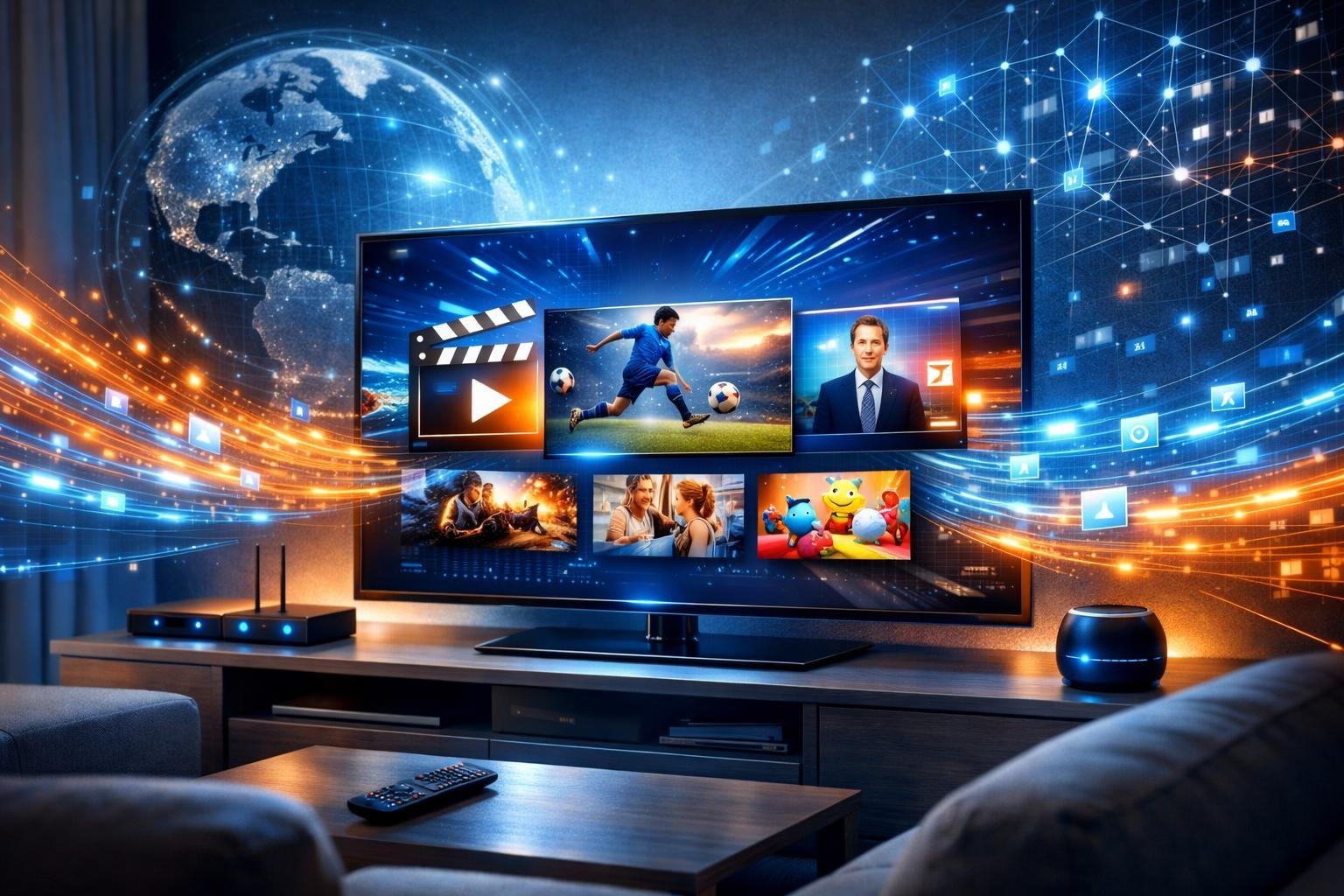 Ett vardagsrum med en stor TV som visar olika streamingikoner och digitala nätverkslinjer som symboliserar internetanslutning.