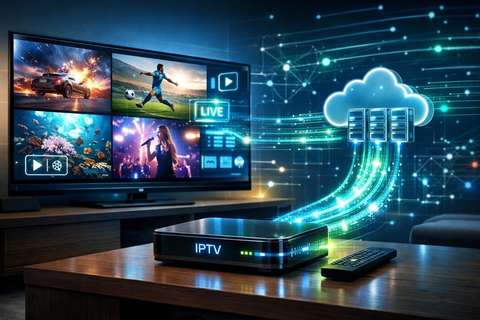 Ett vardagsrum med en stor TV som visar streaminginnehåll och en IPTV-box kopplad till nätverket med digitala dataflöden.