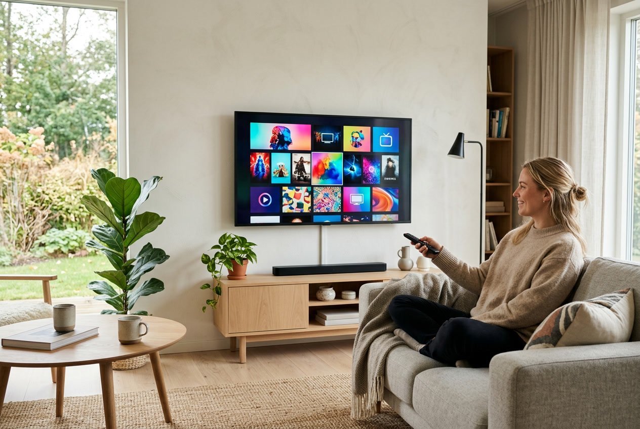 En person sitter i ett modernt vardagsrum och tittar på en stor TV med en färgstark streamingbild.
