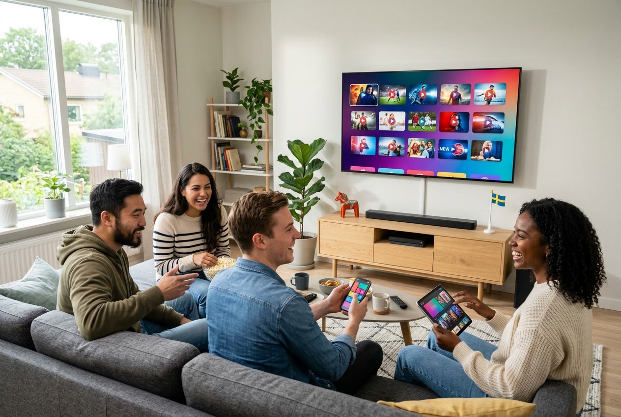 En grupp unga vuxna i ett vardagsrum som diskuterar och använder digitala enheter framför en stor TV med streaminginnehåll.