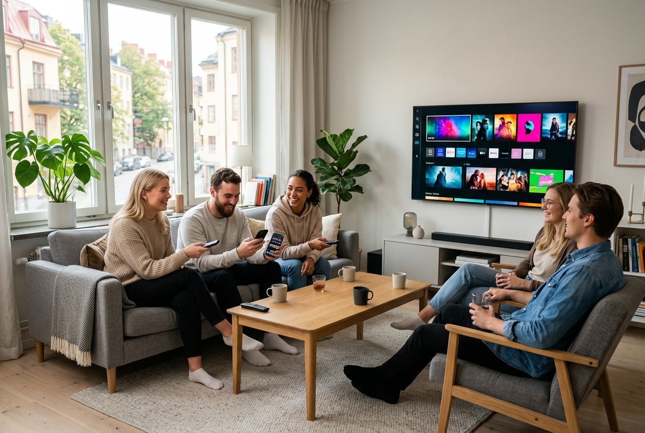 En grupp unga vuxna i ett vardagsrum tittar på en stor TV med en färgstark streaming-skärm, omgivna av modern skandinavisk inredning och stora fönster med utsikt över en svensk stad.
