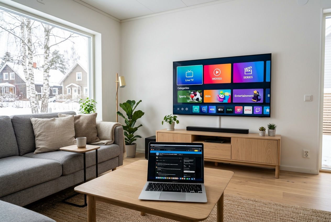 Ett modernt vardagsrum med en platt-TV på väggen som visar en färgstark streamingtjänst och en öppen laptop på ett bord med en Reddit-sida synlig.