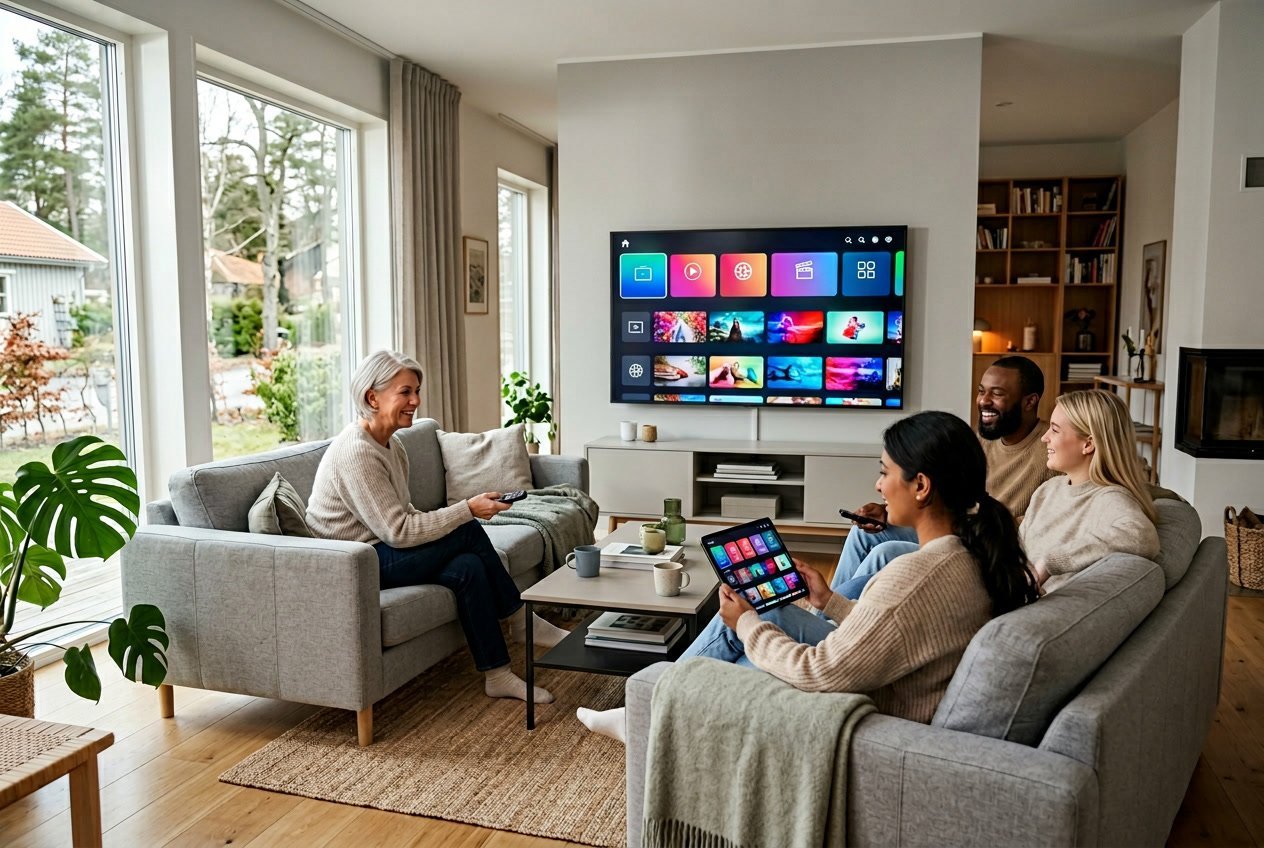 En grupp vuxna i ett modernt svenskt vardagsrum tittar på en stor TV med IPTV-appar och kanaler, omgivna av ljusa möbler och naturligt ljus.