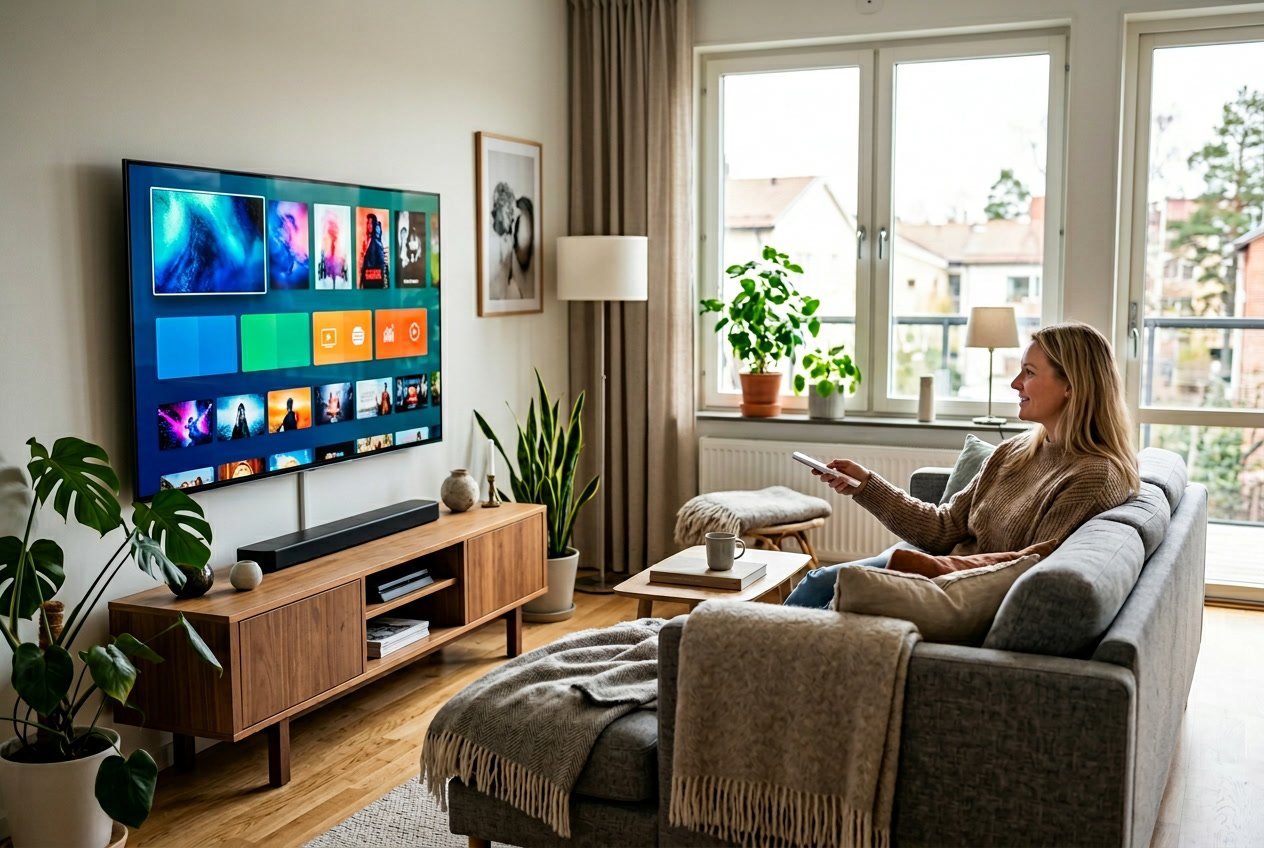 En person sitter i ett vardagsrum och tittar på en stor TV med IPTV-kanaler i en modern svensk bostad.
