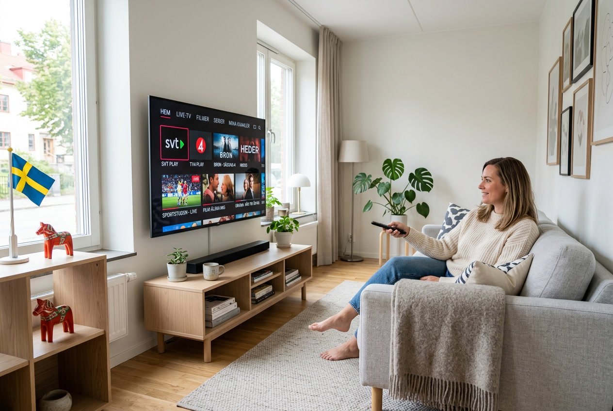 En person sitter i ett modernt vardagsrum och använder en fjärrkontroll för att välja innehåll på en tv med IPTV-tjänst.