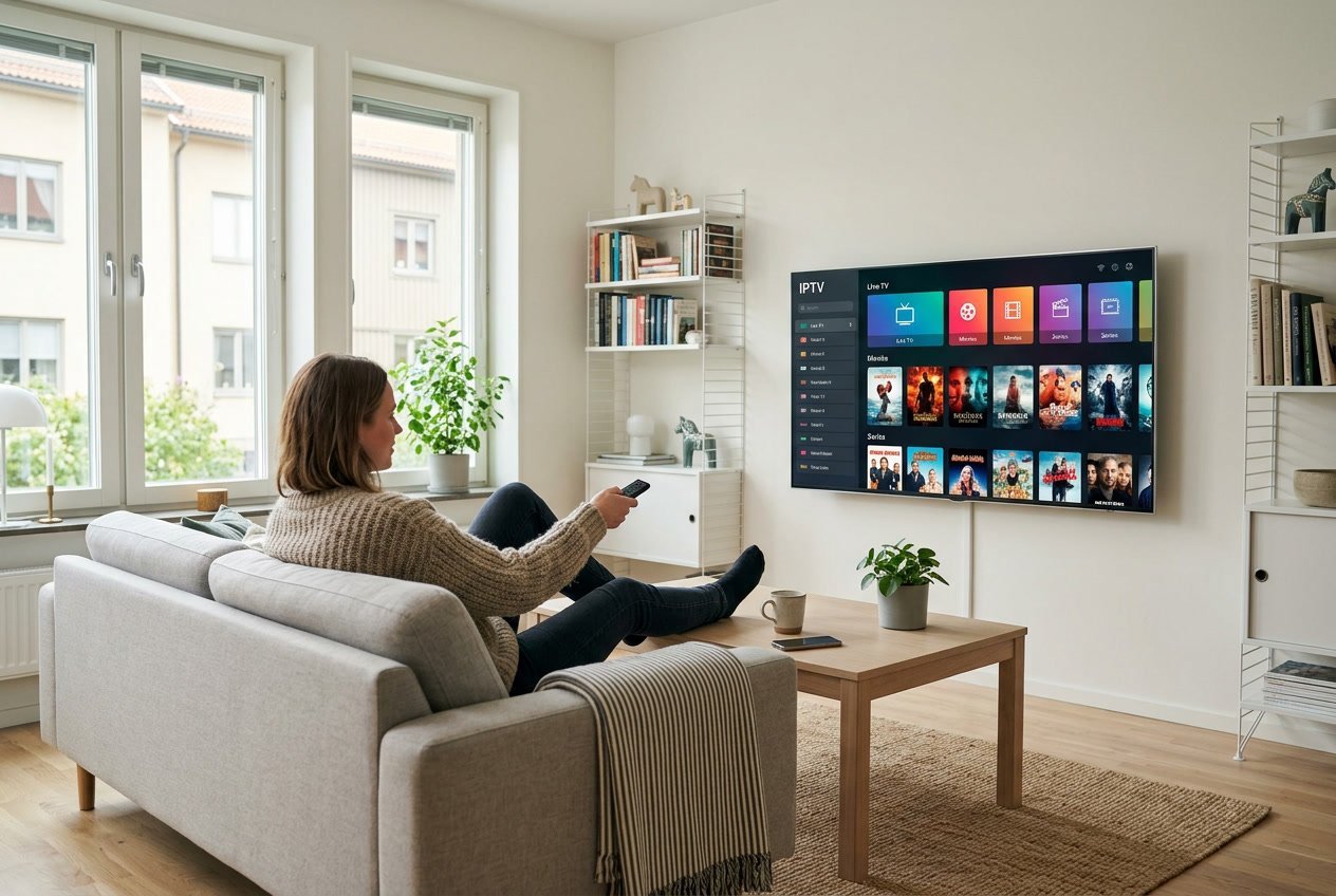 En person sitter i ett modernt vardagsrum och tittar på en tv med IPTV i Sverige.