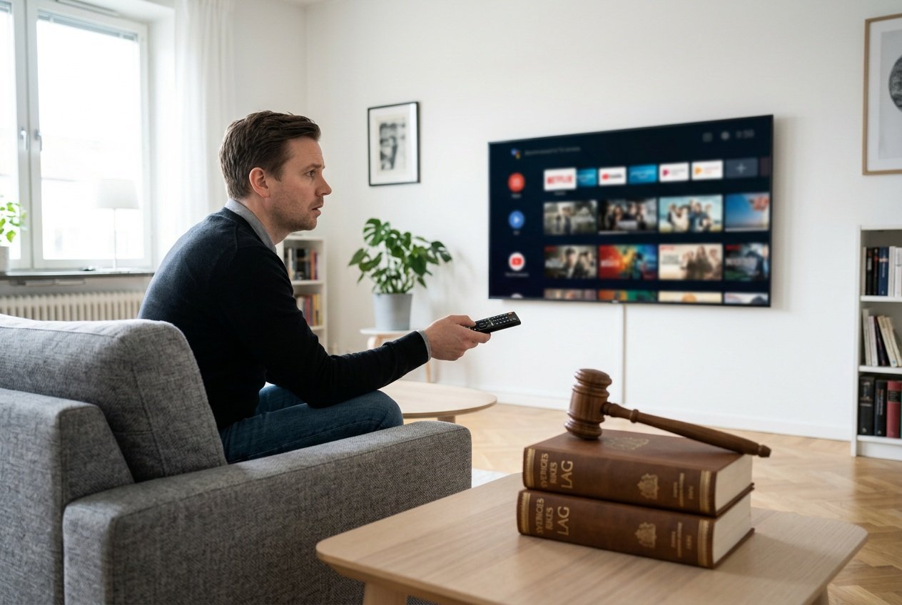 En person i ett vardagsrum med en TV och juridiska symboler på ett bord i förgrunden.