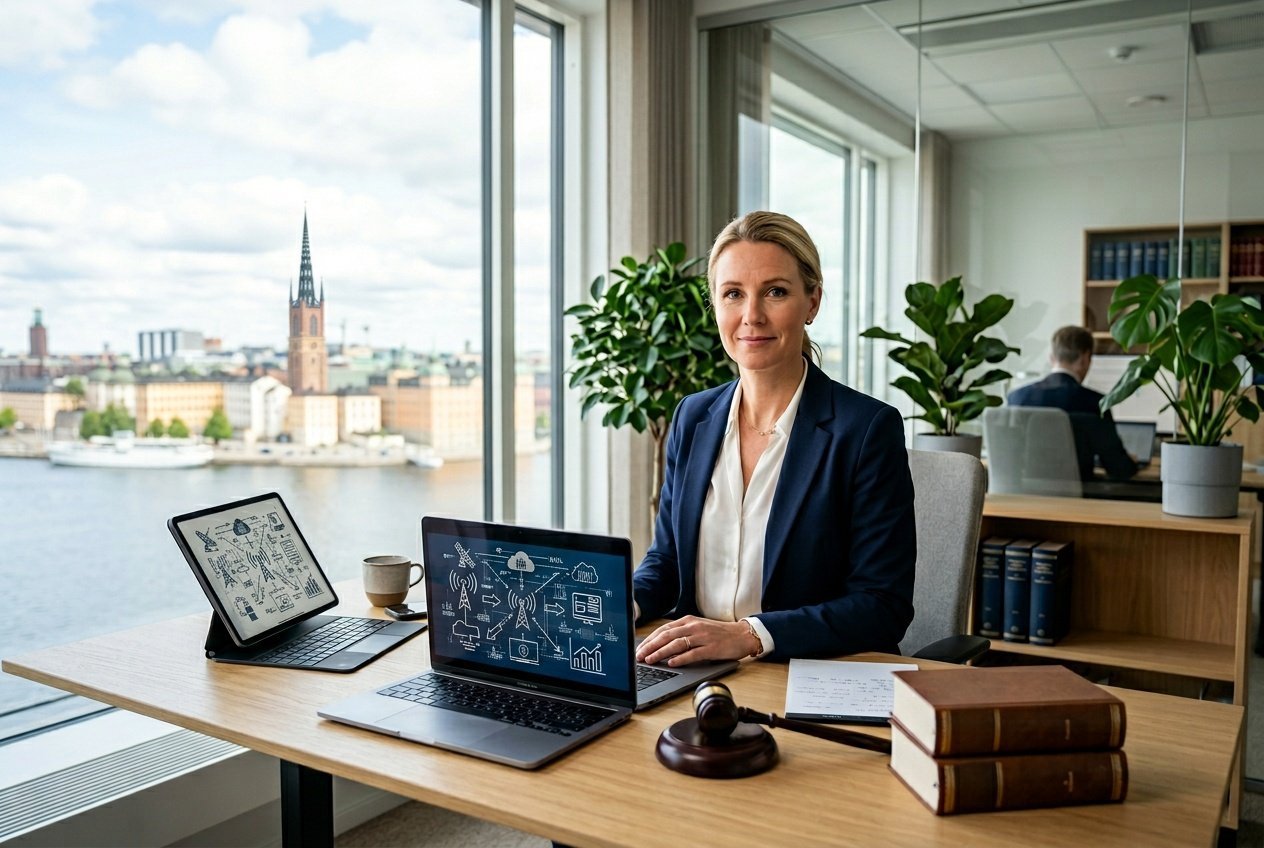 En person i ett modernt kontor med utsikt över Stockholm, arbetande med digitala enheter och juridiska föremål på skrivbordet.