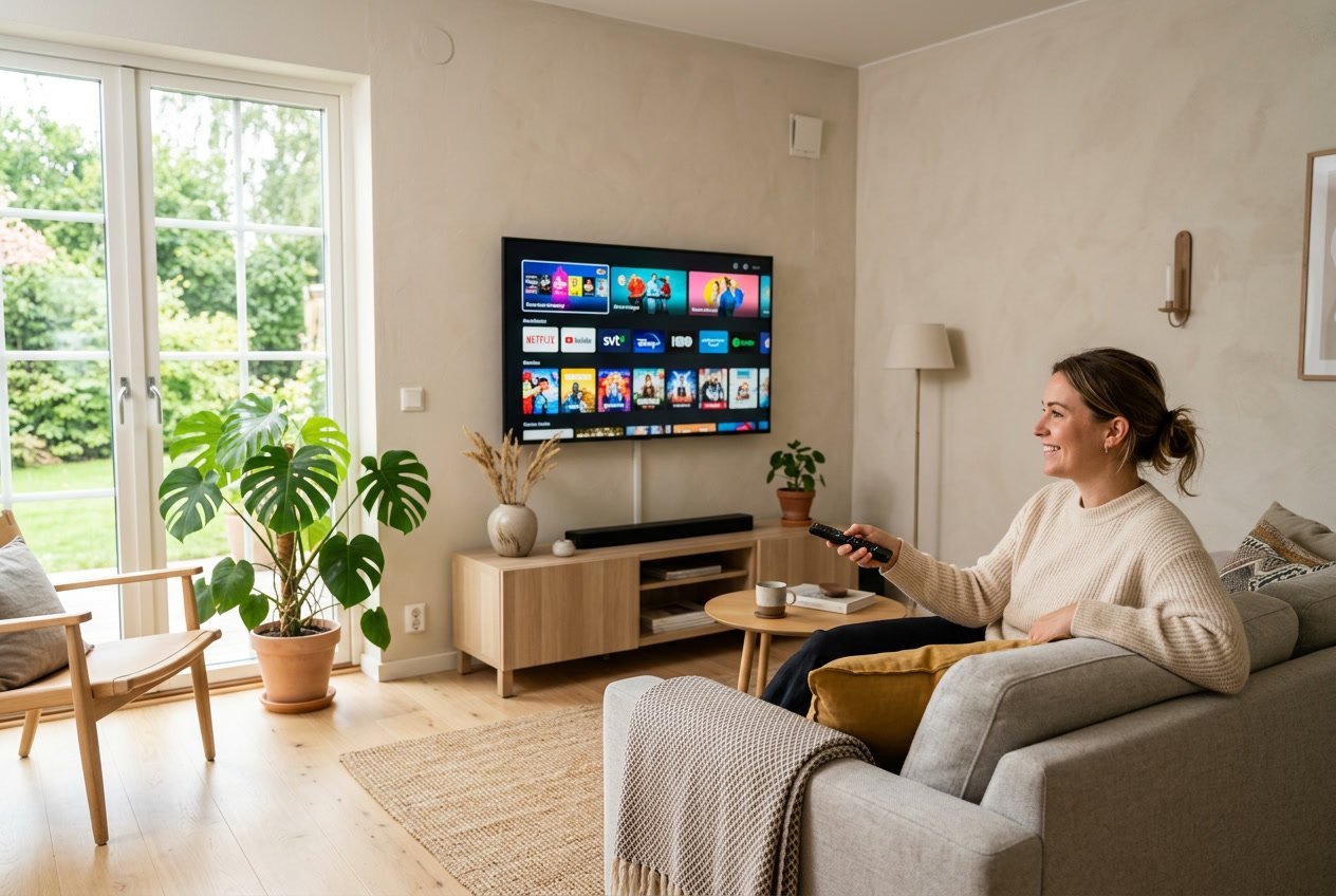 Ett modernt vardagsrum med en person som tittar på en tv med streamingtjänster i ett ljust och skandinaviskt hem.