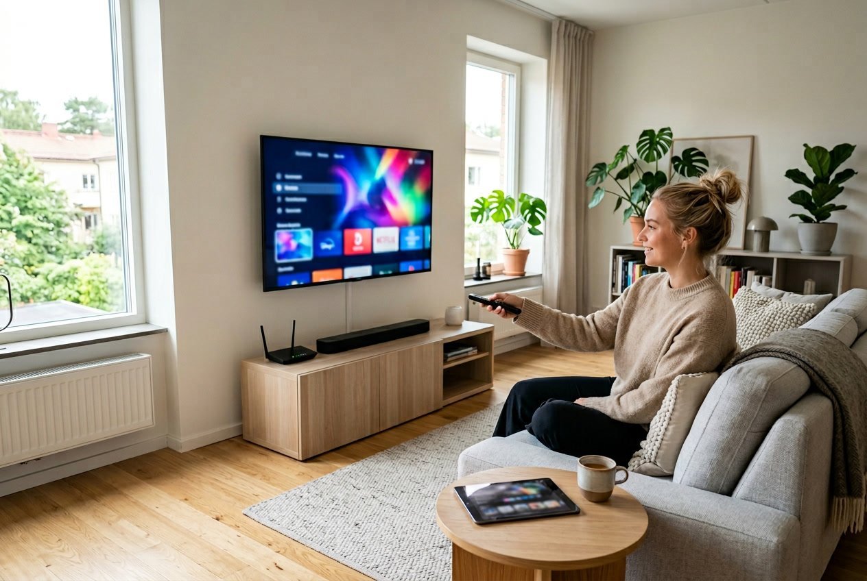 Ett modernt vardagsrum med en person som använder en fjärrkontroll framför en platt-TV som visar färgglada digitala bilder.