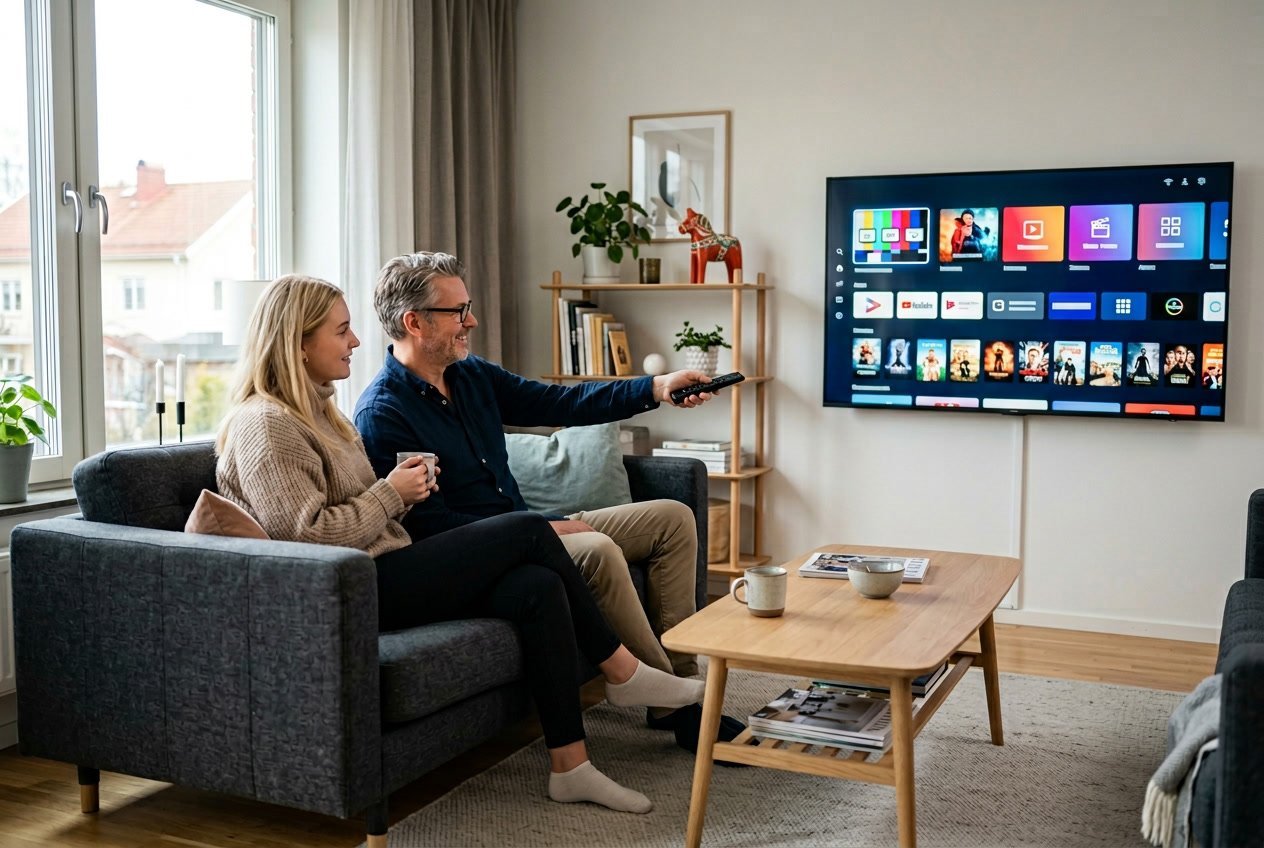 En modern vardagsrumsscen med en stor smart-tv som visar streamingtjänster, där två personer sitter bekvämt och använder en fjärrkontroll.