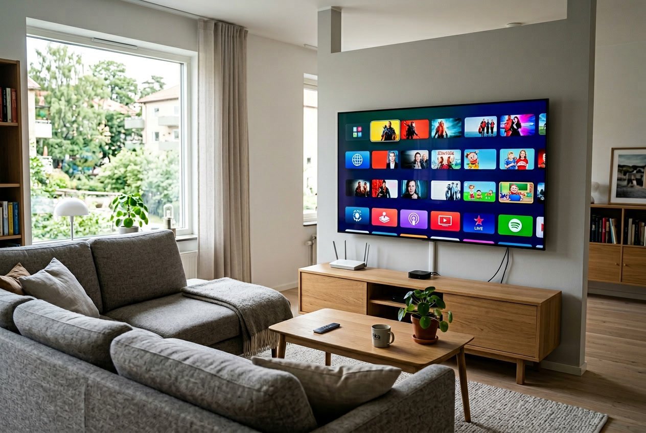 Ett modernt vardagsrum med en stor TV som visar en färgstark streamingmeny, med soffa och bord i förgrunden.