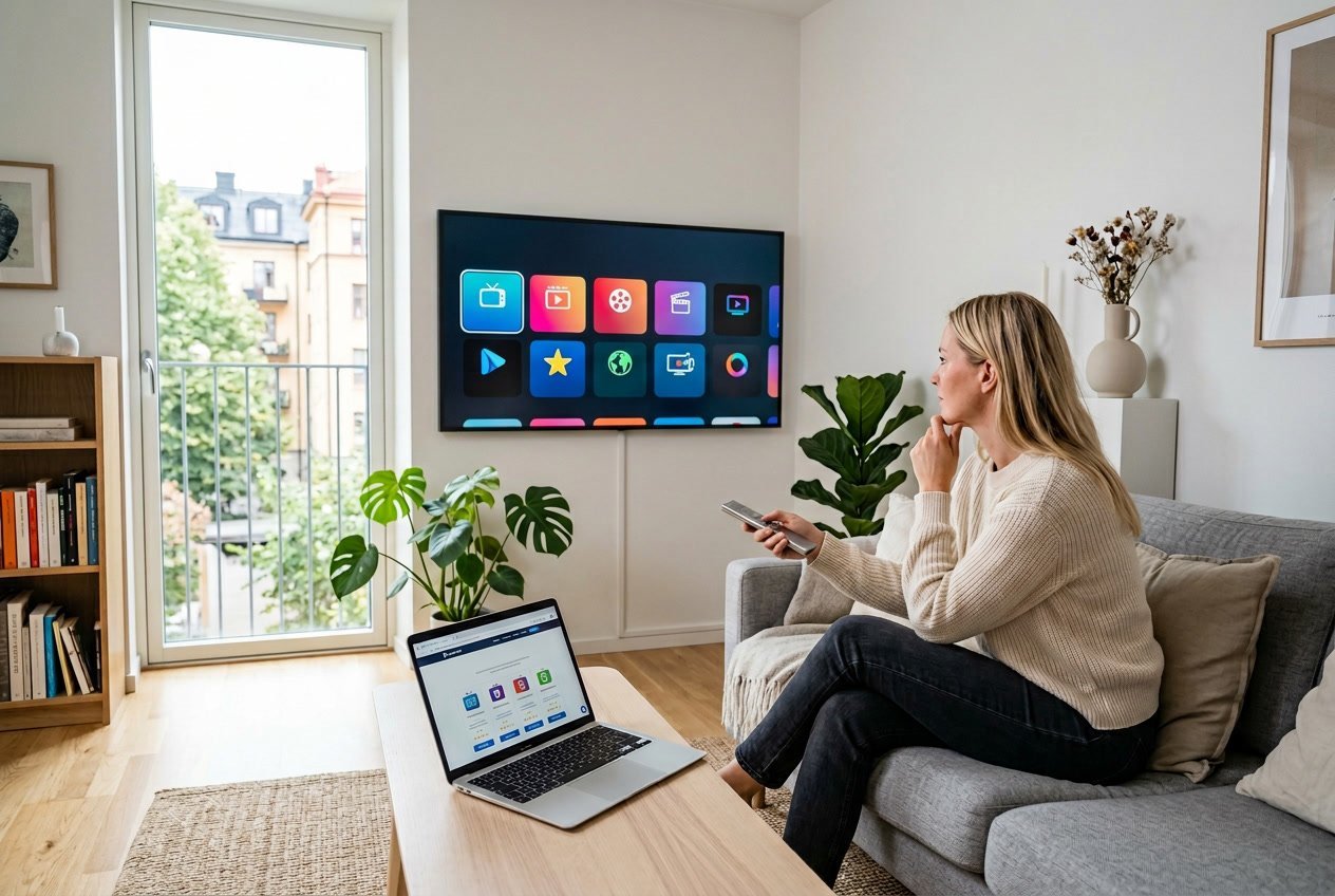 En person i ett modernt vardagsrum i Sverige som väljer IPTV-lösning på en smart-tv med en bärbar dator på ett bord bredvid.