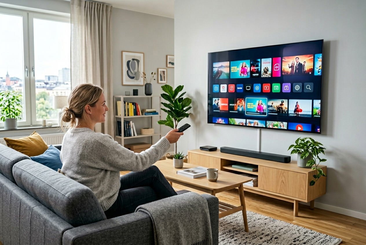 En person sitter i ett vardagsrum och använder en fjärrkontroll för att navigera på en stor TV-skärm med IPTV-tjänst.
