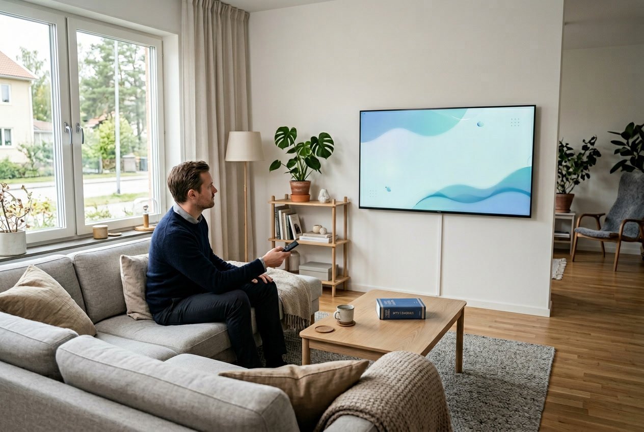 En person sitter i ett modernt vardagsrum och tittar på en platt-TV med en abstrakt digital skärm som symboliserar IPTV.