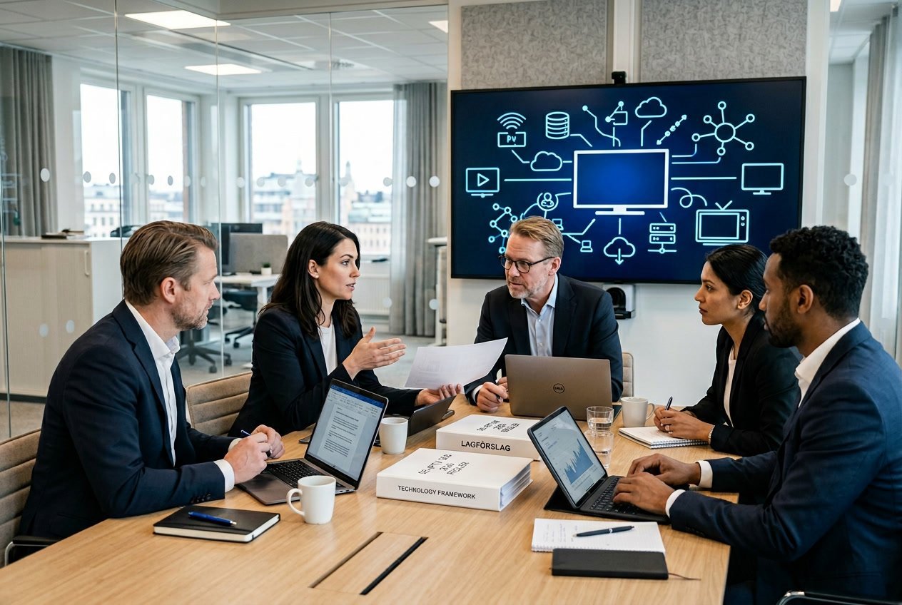 En grupp yrkespersoner i ett mötesrum diskuterar nya lagar och regler med digitala enheter och skärmar i bakgrunden.