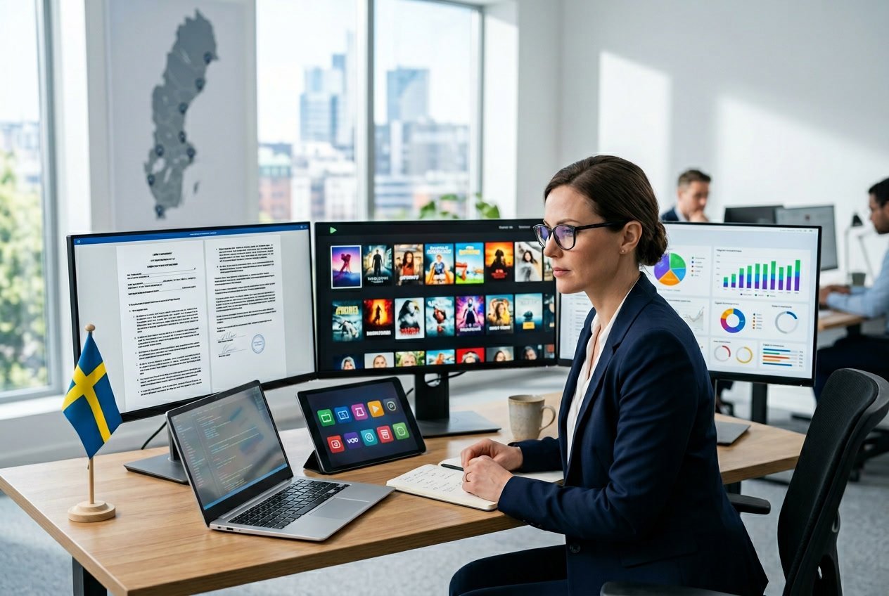 En person vid ett skrivbord som granskar digitala skärmar med streamingtjänster och dokument i en modern kontorsmiljö.