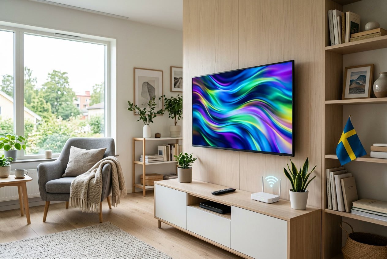 Ett modernt vardagsrum med en platt-TV på väggen och en mediakonsol med fjärrkontroll och router, i ett ljust och organiserat svenskt hem.