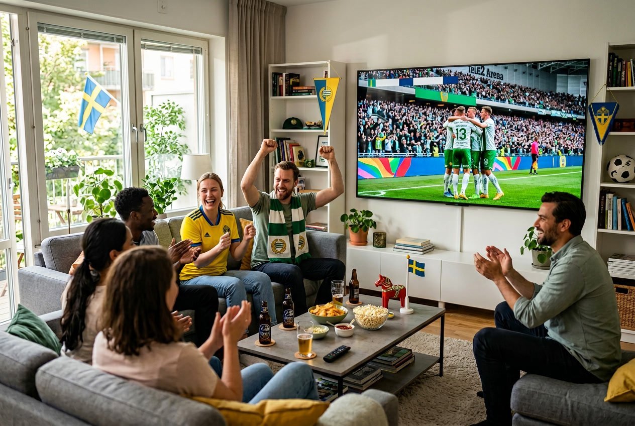En grupp människor tittar engagerat på en stor TV som visar en svensk sportmatch i ett vardagsrum.