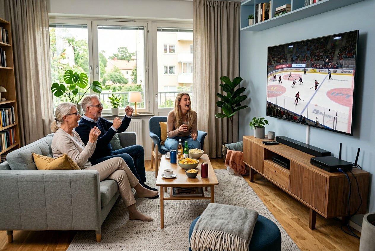 En grupp människor som tittar på en sportmatch på en stor TV i ett modernt vardagsrum.
