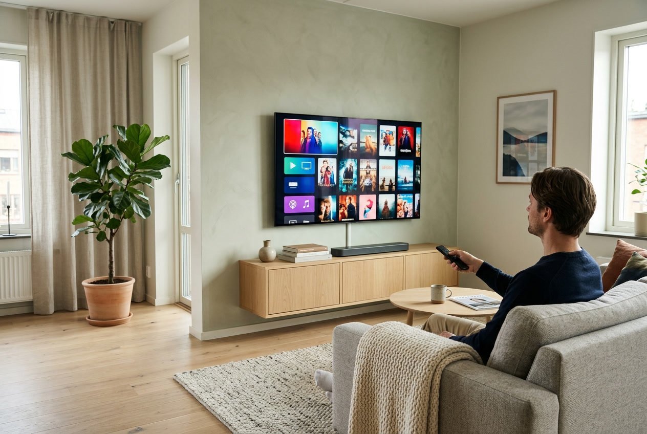 Ett vardagsrum med en TV på väggen och en person som sitter i soffan och tittar på skärmen.