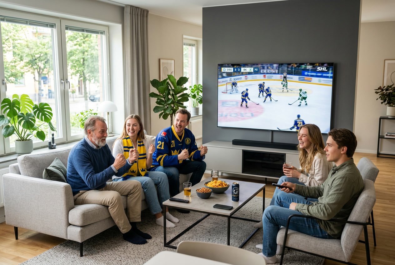 En grupp människor tittar på en sportmatch på en stor TV i ett modernt vardagsrum i Sverige.