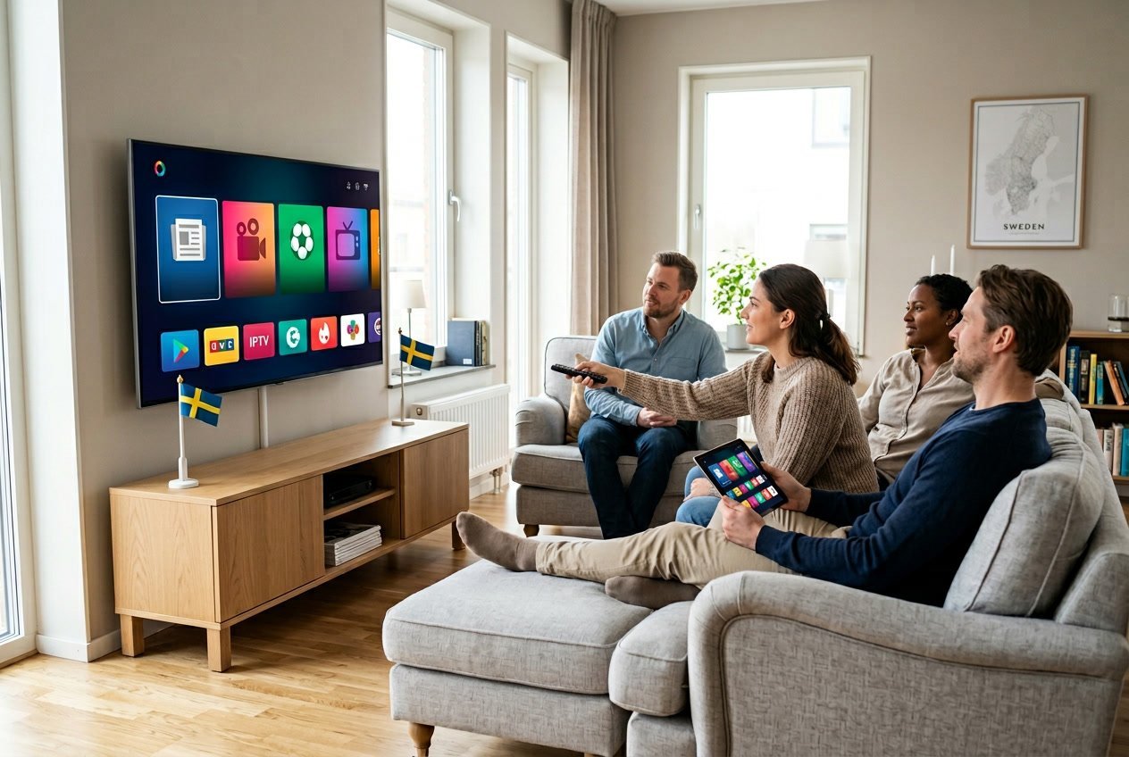 En modern vardagsrumsmiljö med en stor smart-TV som visar olika streamingkanaler, där flera vuxna sitter och tittar tillsammans, med subtila svenska detaljer i bakgrunden.