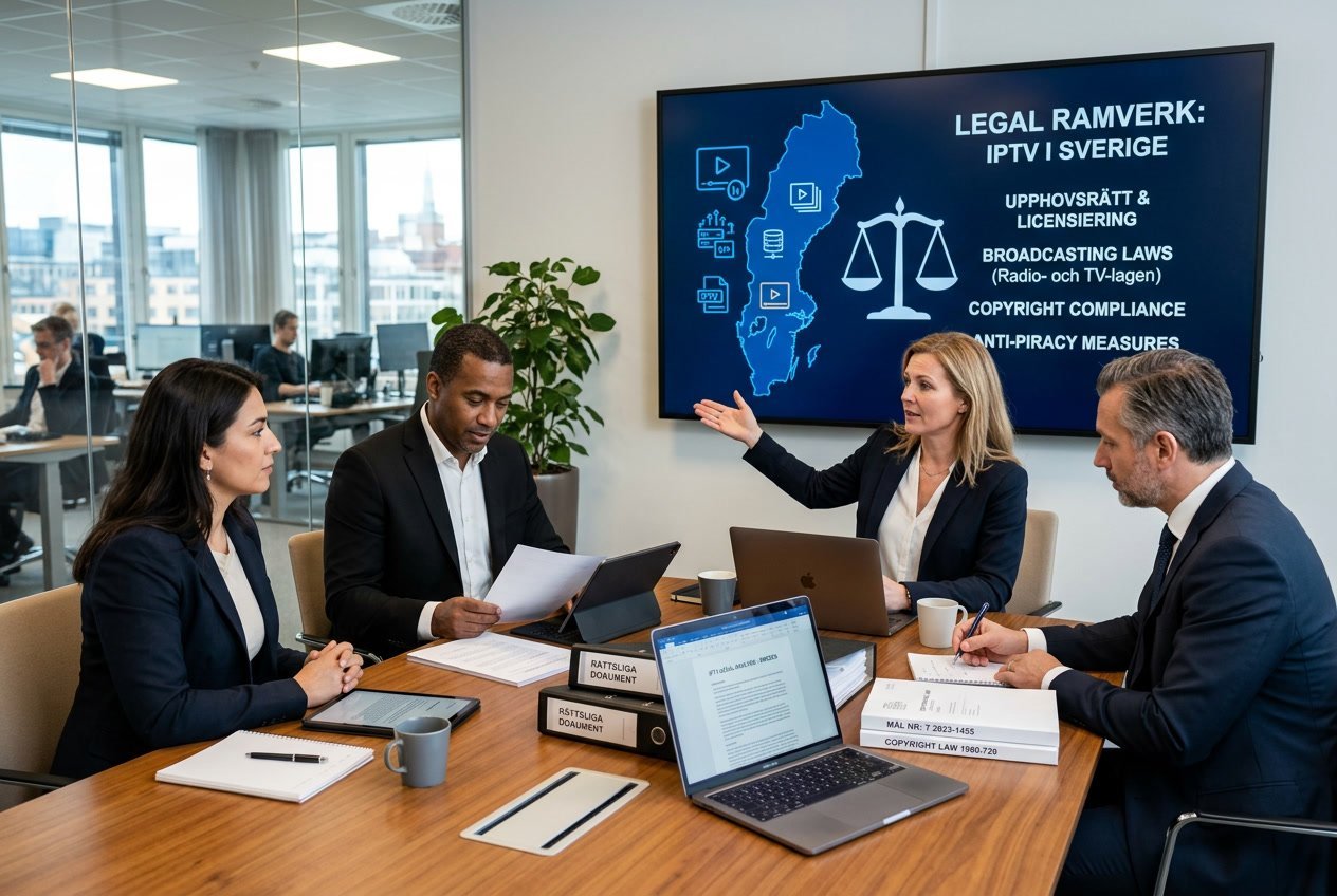 En grupp personer sitter runt ett konferensbord och diskuterar med datorer och dokument, med en karta över Sverige och digitala symboler i bakgrunden.