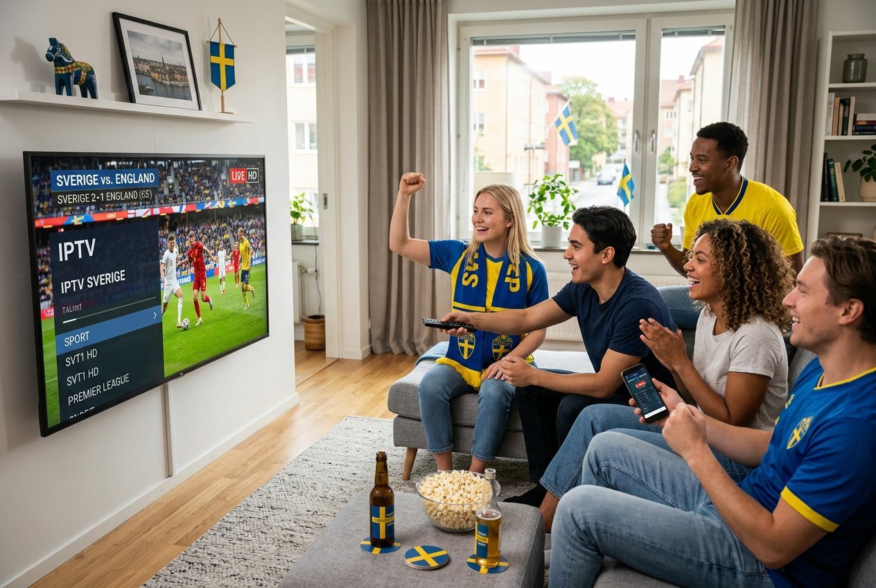En grupp vänner tittar på sport på en stor TV i ett vardagsrum och hejar tillsammans.