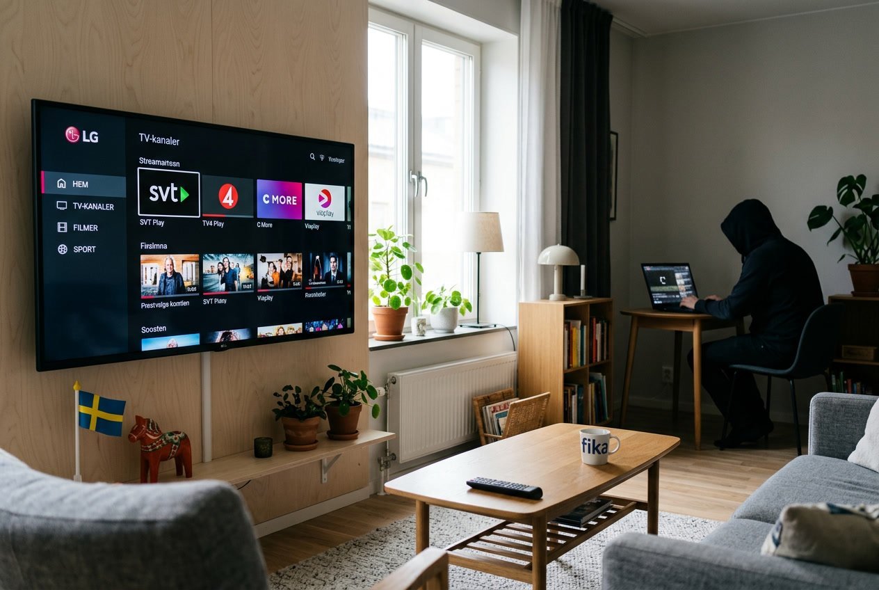 Ett vardagsrum med en stor TV som visar en klar streamingtjänst och en person i bakgrunden som använder en bärbar dator med en suddig skärm.