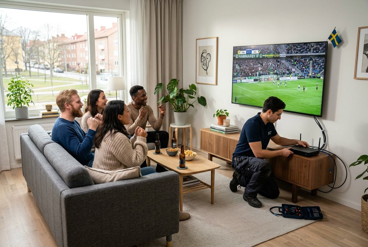 En man installerar en IPTV-enhet i ett vardagsrum där två personer tittar på en fotbollsmatch på en stor TV.