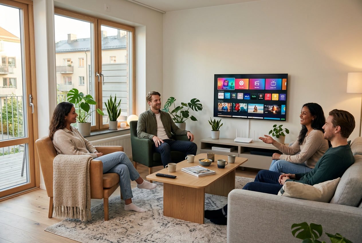 En grupp människor sitter i ett modernt vardagsrum och tittar tillsammans på en tv med streamingtjänster.