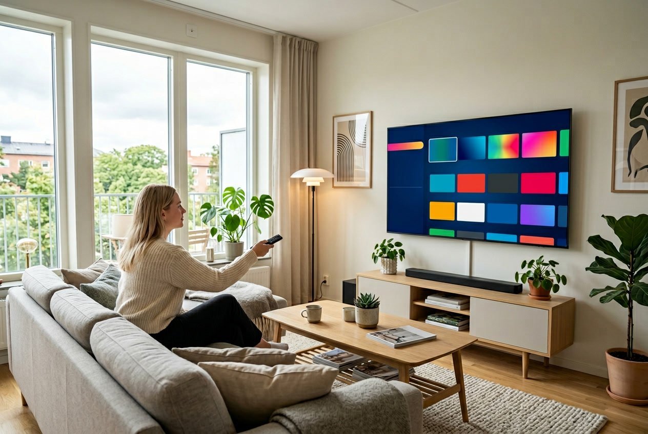 Ett modernt vardagsrum i Sverige med en person som sitter i en soffa och tittar på en stor TV med IPTV-testgränssnittet på skärmen.