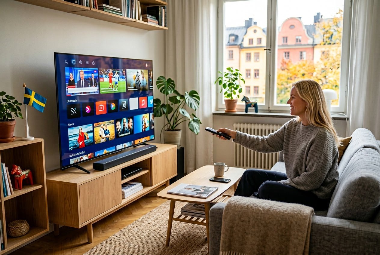 En person i ett modernt vardagsrum som använder en fjärrkontroll framför en stor smart-TV med streamingtjänster.