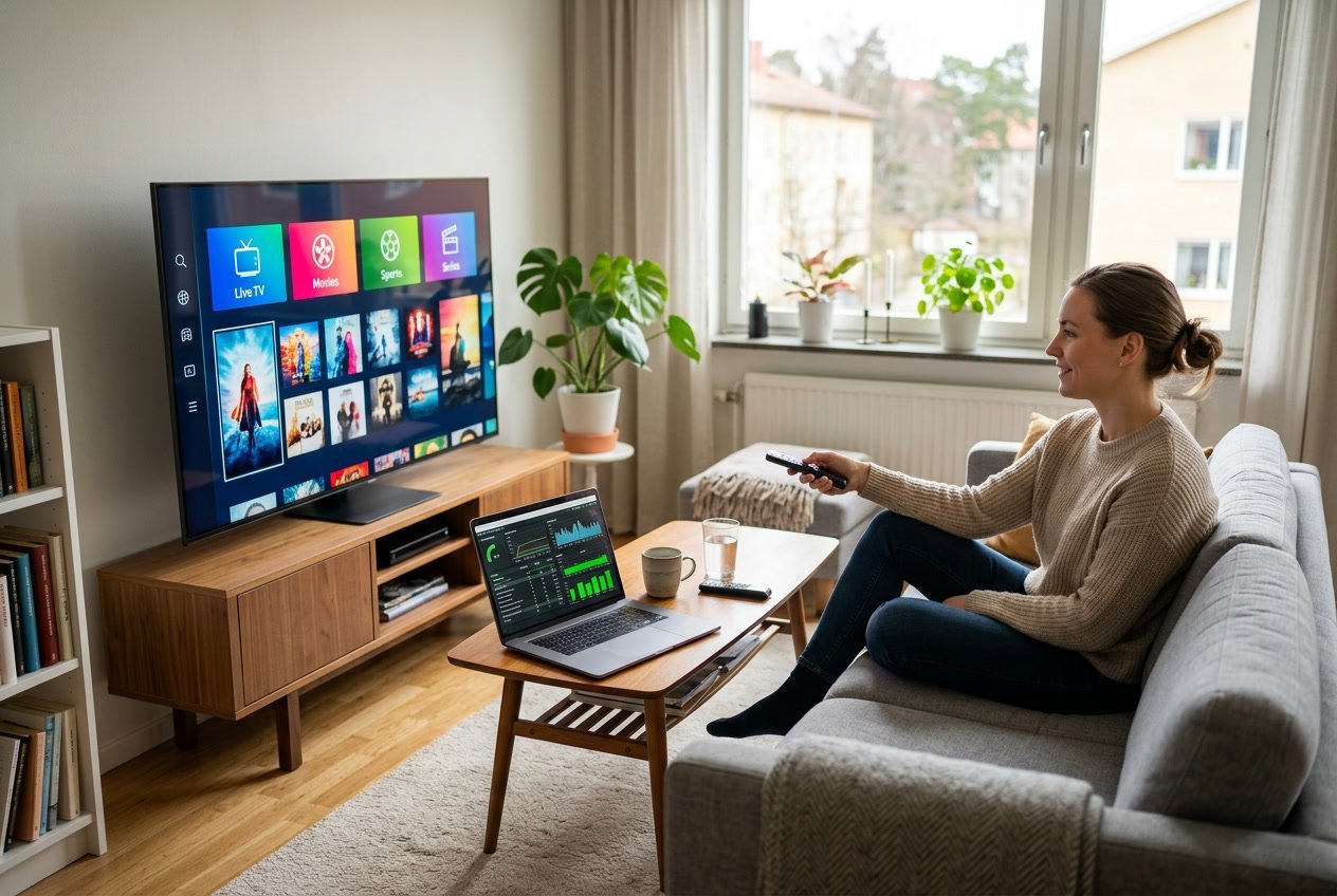 En person som sitter i ett vardagsrum och använder en fjärrkontroll för att välja IPTV-innehåll på en stor TV-skärm, med en bärbar dator på ett bord bredvid som visar testresultat.