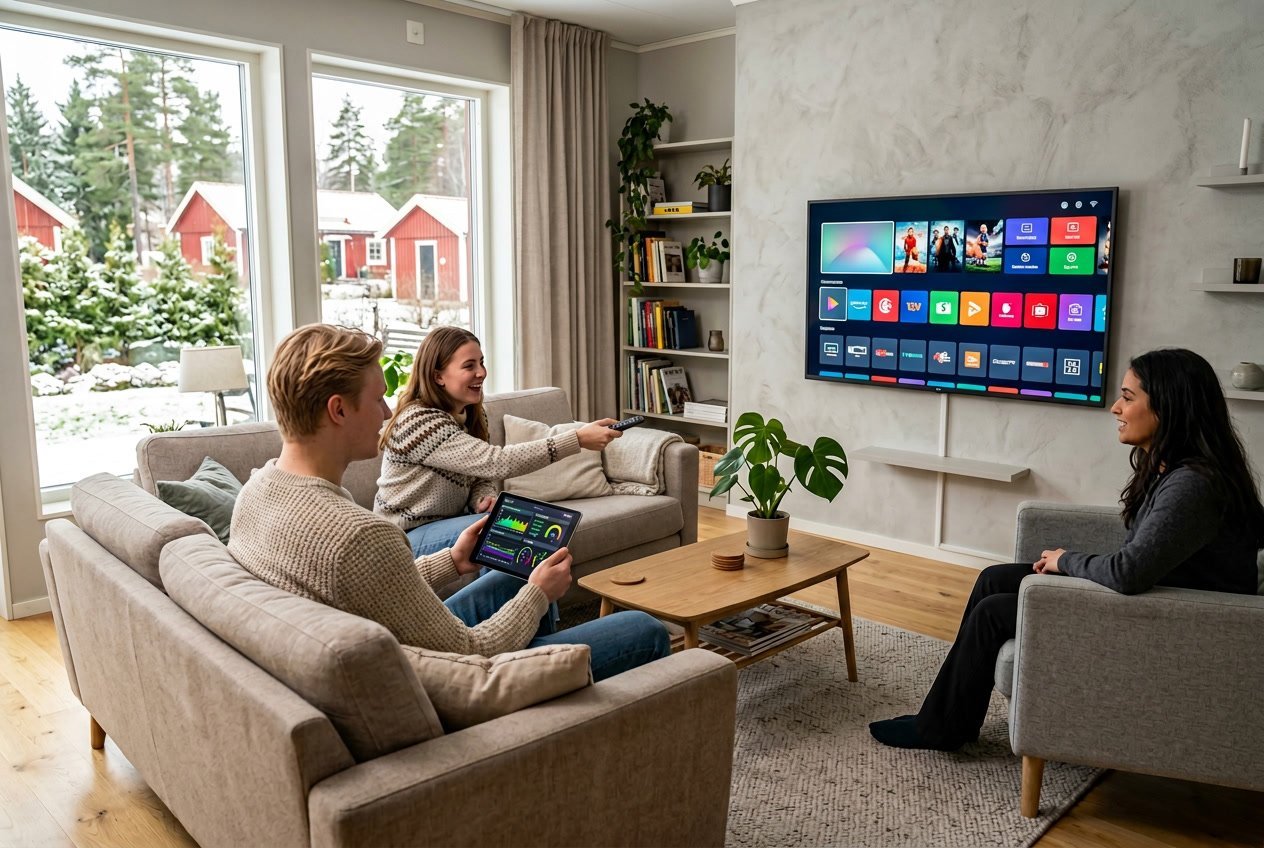 En modern vardagsrumsmiljö med en TV som visar en färgstark streamingmeny och personer som använder fjärrkontroll och surfplatta för att testa IPTV-tjänster.