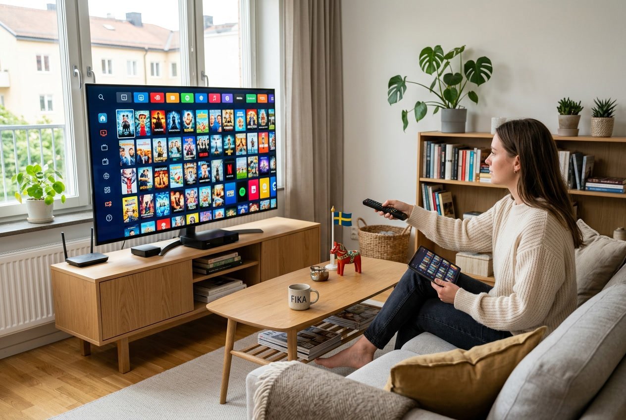 En person i ett modernt vardagsrum som använder en fjärrkontroll framför en stor TV med IPTV-kanaler på skärmen.