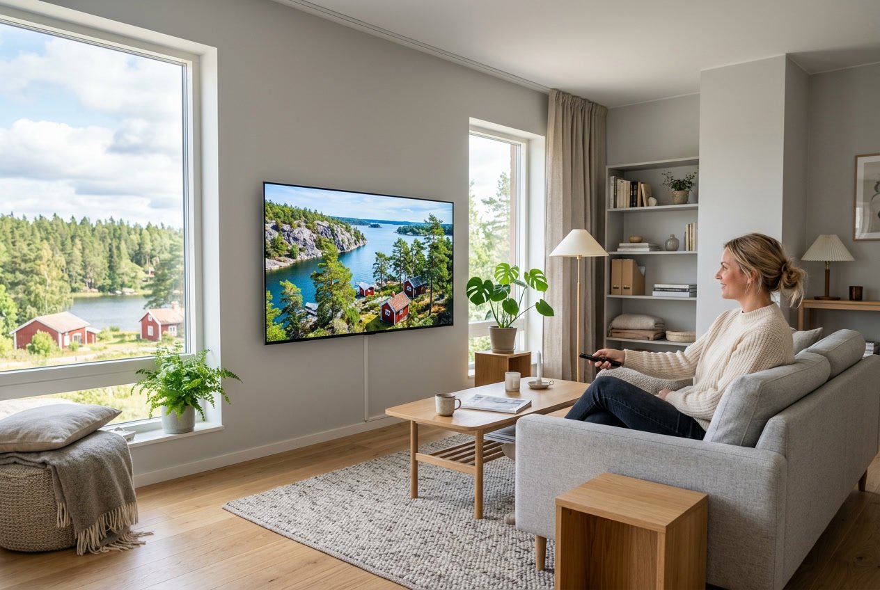 En person sitter i ett modernt vardagsrum och tittar på en TV med en svensk naturbild på skärmen.